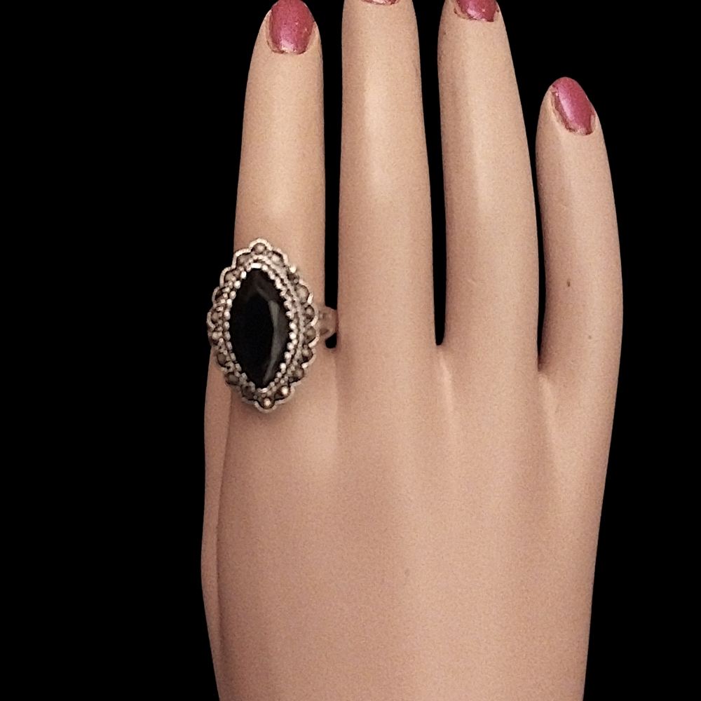 Silver-Tone Black Stone Marquise Ring